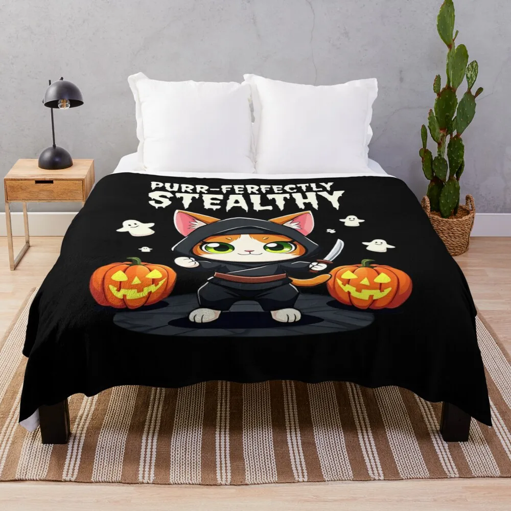 Purr-fectly Stealthy The Ninja Cat Halloween Adventure Throw Blanket Retros Polar warm for winter Picnic Blankets