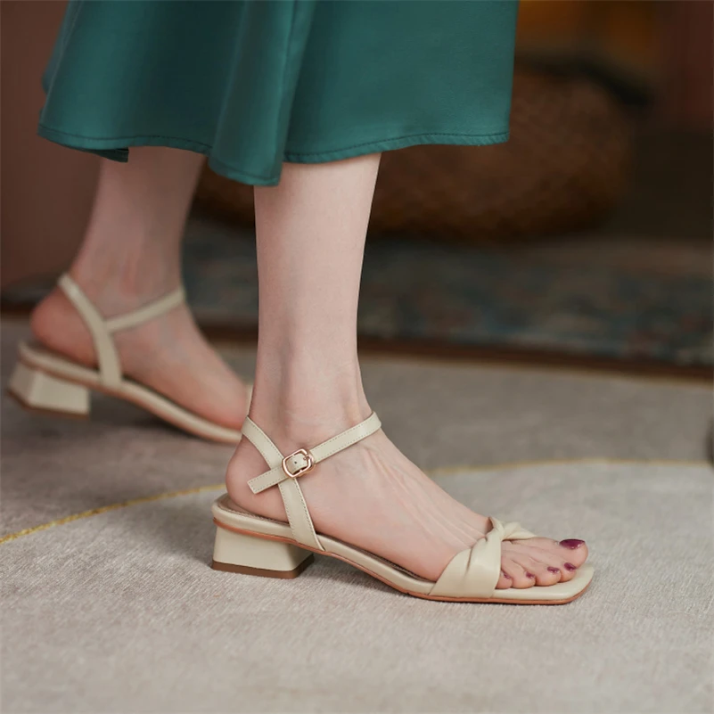 Meotina Women Genuine Leather Sandals Square Toe Flat Cow Leather Sandals Causal Buckle Ladies Shoes Summer Green Beige 40