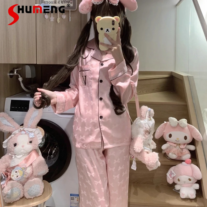 

Long Sleeve Long Pants Loungewear Set Women's Pure Desire Ice Silk Pajamas Female New Spring Autumn High End Home Wear Suits