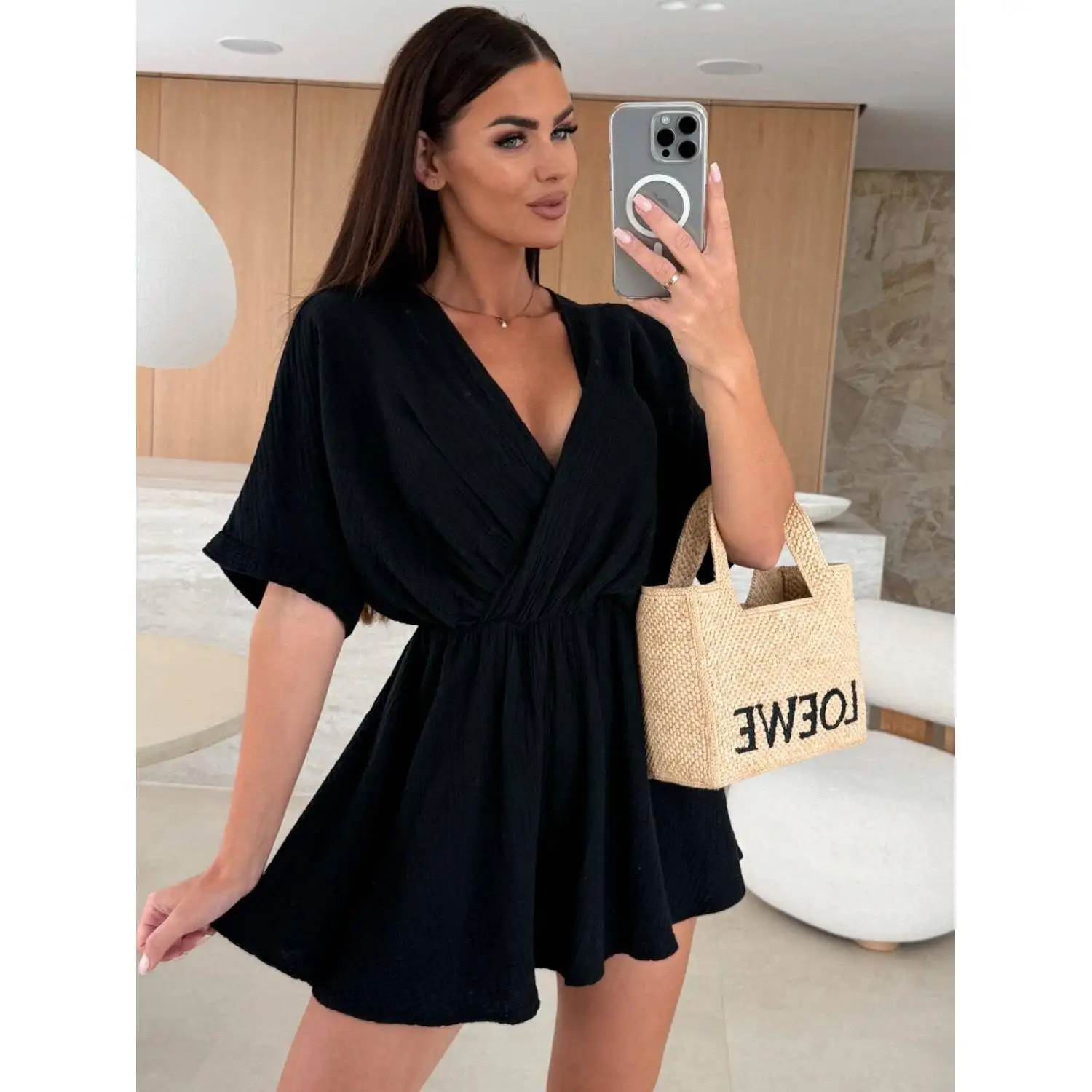 Summer New Grey V-neck Elastic Waist Shoulder-length Short Sleeve Wide-leg Jumpsuit Shorts Street Style Loose Fit for Middle-...