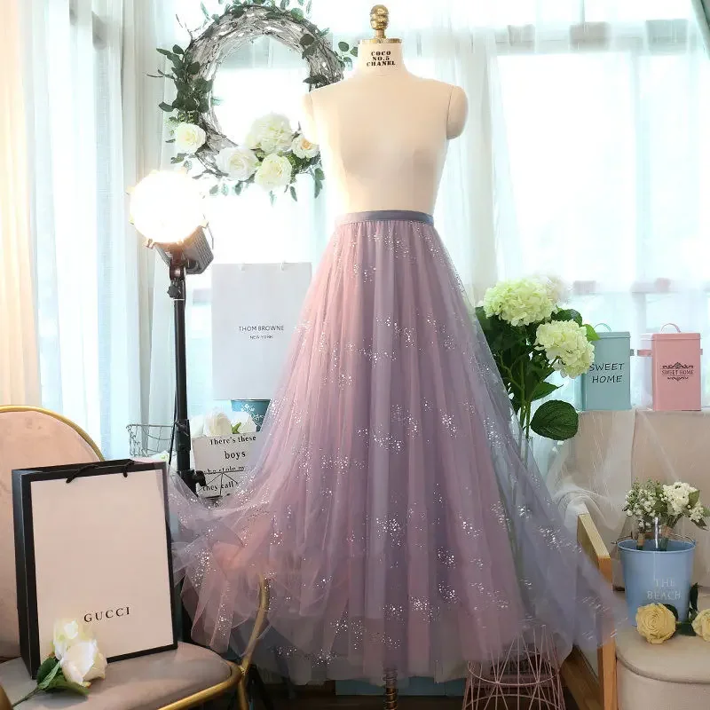 ใหม่แฟชั่นเลื่อมกระโปรงผู้หญิงฤดูร้อนเอวยางยืดGradientจีบกระโปรงElegantสายTulleกระโปรงยาวVINTAGE Jupe