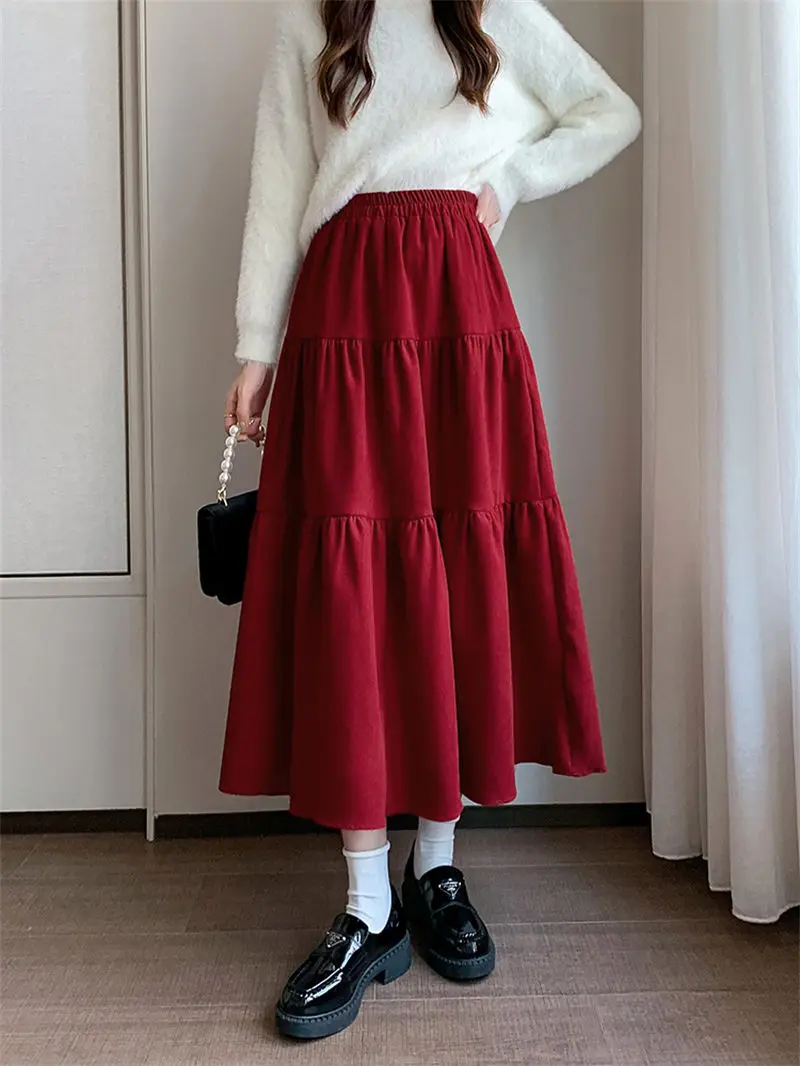 Saia de veludo vermelho outono e inverno feminino cintura alta comprimento médio casual magro a line grande swing bolo saia mujer faldas t1677