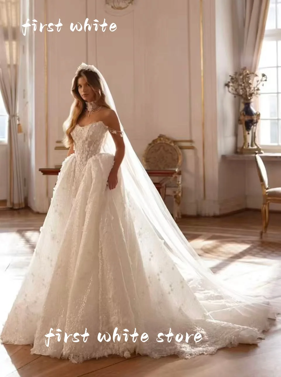 Luxury Sequined 3D Flowers Lace Wedding Dresses Scoop Neck A-Line Bridal Gown Customzied 2026 Vestido De Noiva