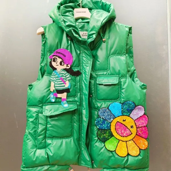 Chaleco de plumón de dibujos animados para mujer, chaqueta acolchada de algodón engrosada, Verde