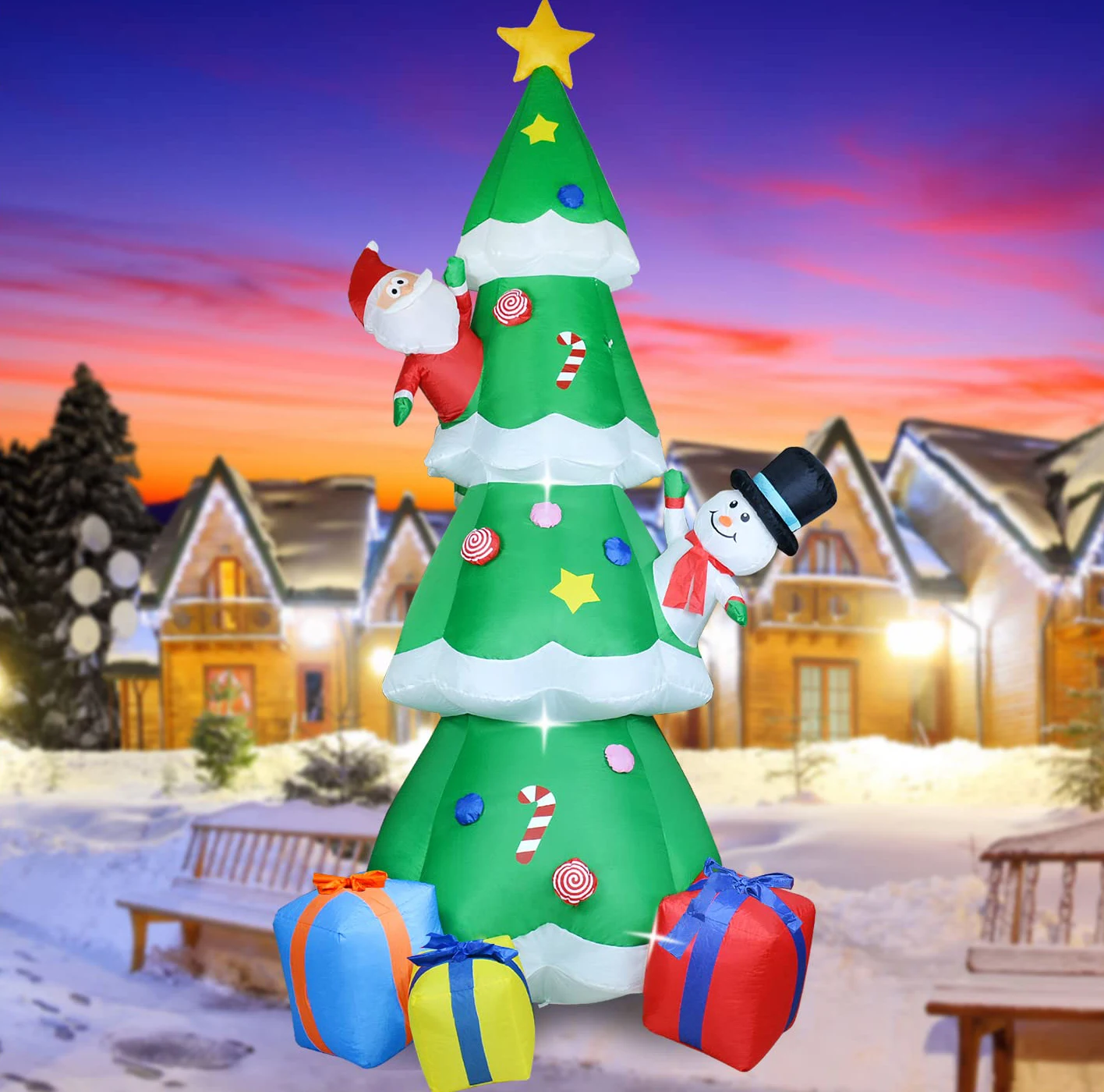 2.4m Inflatable Santa Claus Christmas Tree with LED 8ft Giant Gifts Star Light for Outdoor Inflatable Christmas Decorations