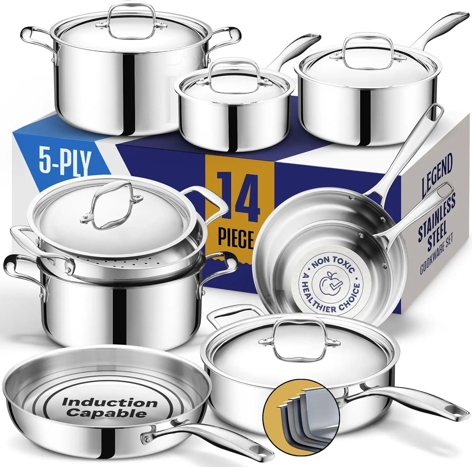 5 Ply Stainless Steel Pots and Pans Set | 14-Piece, Induction, Non-Toxic, Oven Safe | Best 18/0 Full Clad | Prof