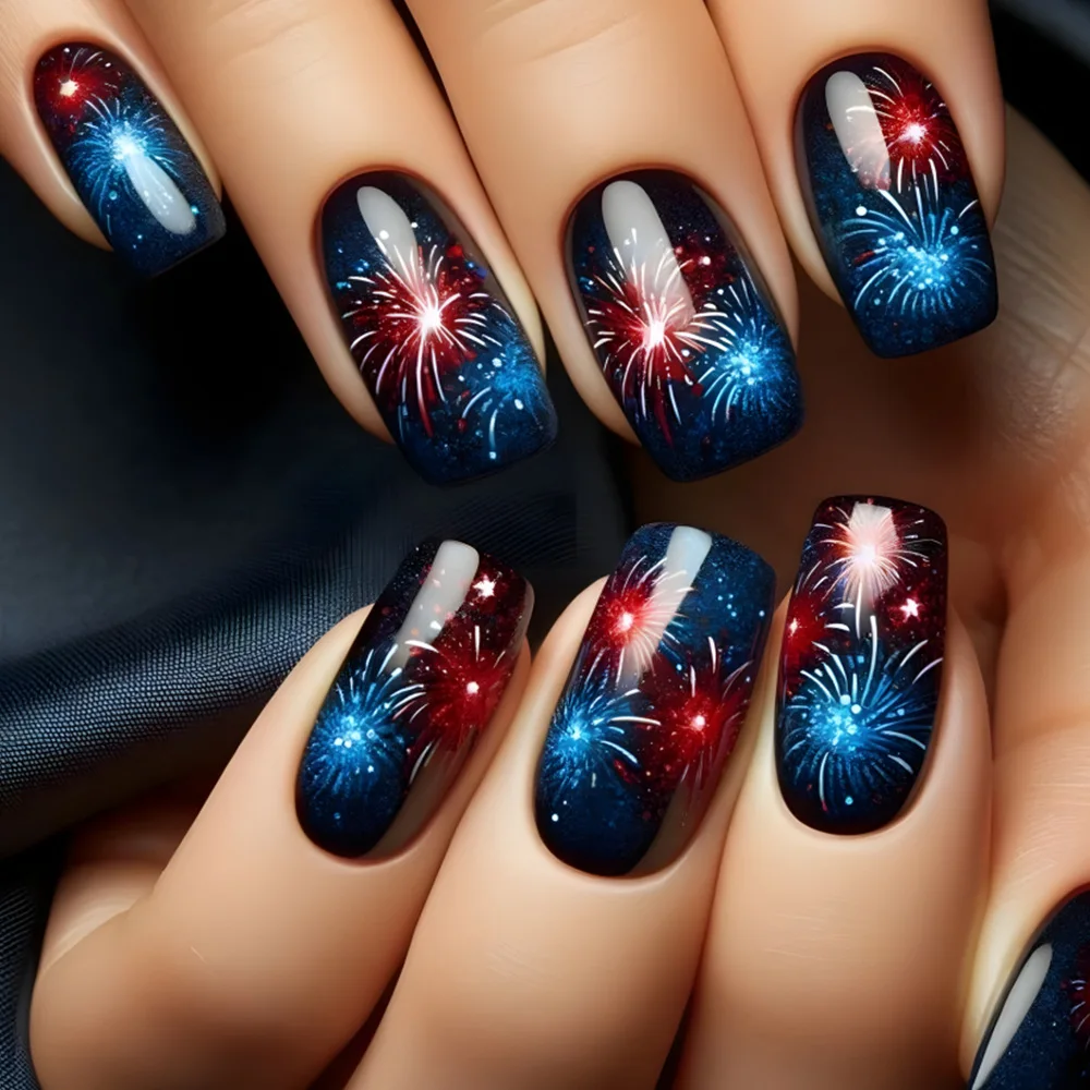 24pcs Gradient Black False Nails Colorful Fireworks Pattern Design Short Square Fake Nail Fashion Ballet Press on Nails Finished