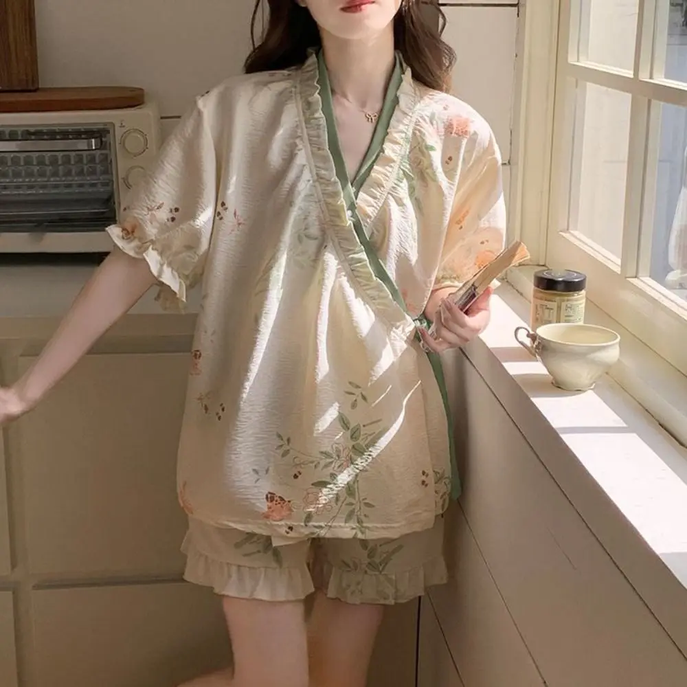 

New Chinese Style Lace Up Pajama Suit Reffle Flower Shorts Sleeve Nightwear V-Neck Loose Two Pieces Sleepwear Sets Summer