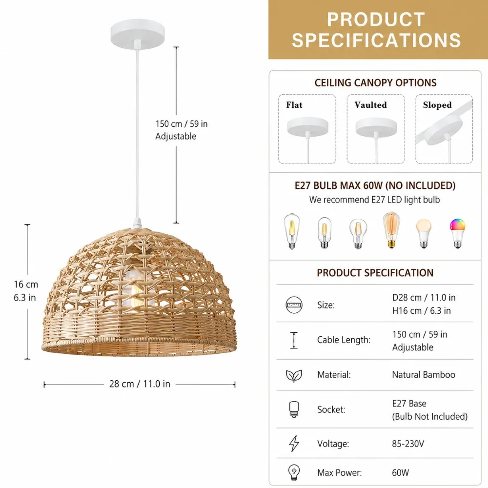 JOYINLED Boho Wicker Hanging Ceiling Lamp 28CM Rattan Pendant Light, Hand Woven Bamboo Chandelier for Kitchen Island, Bedroom