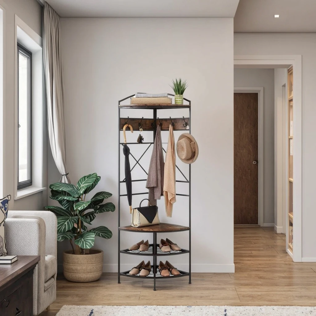 

Modern Industrial-Style Wooden Coat Rack Stand with Vintage Corner Hooks Metal Shoe Bench for Home Living Room or Kitchen