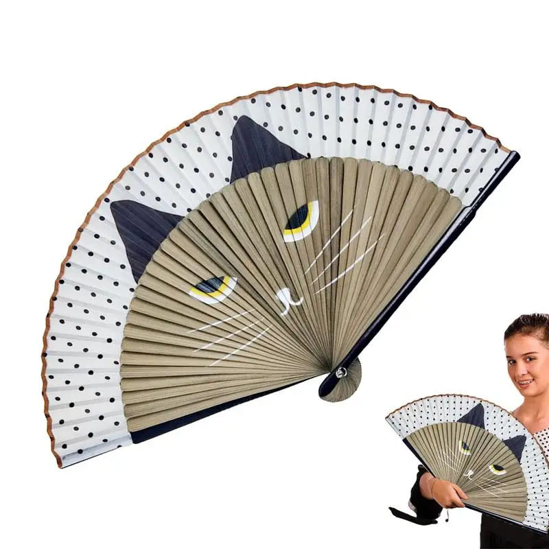 New Japanese Style Cat Pattern Bamboo Folding Fan Women Lovely Cartoon cat Hand Fans Kimono Bathrobe Handheld Fan Crafts Decor