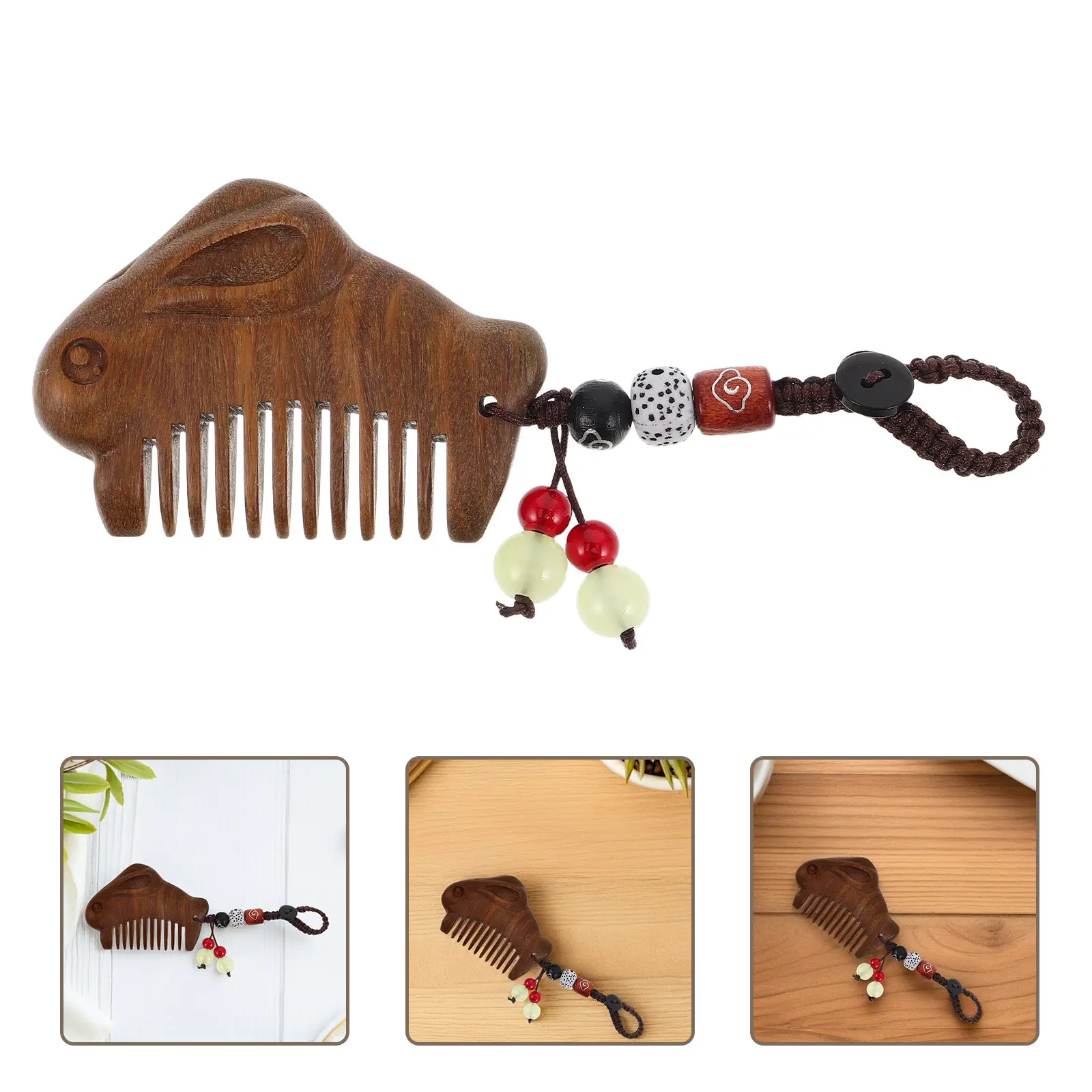 Mini Sandalwood Pocket Comb Carved Chinese Style Vintage Hair Brush Portable Travel Size Keychain Comb Natural Wood Charm
