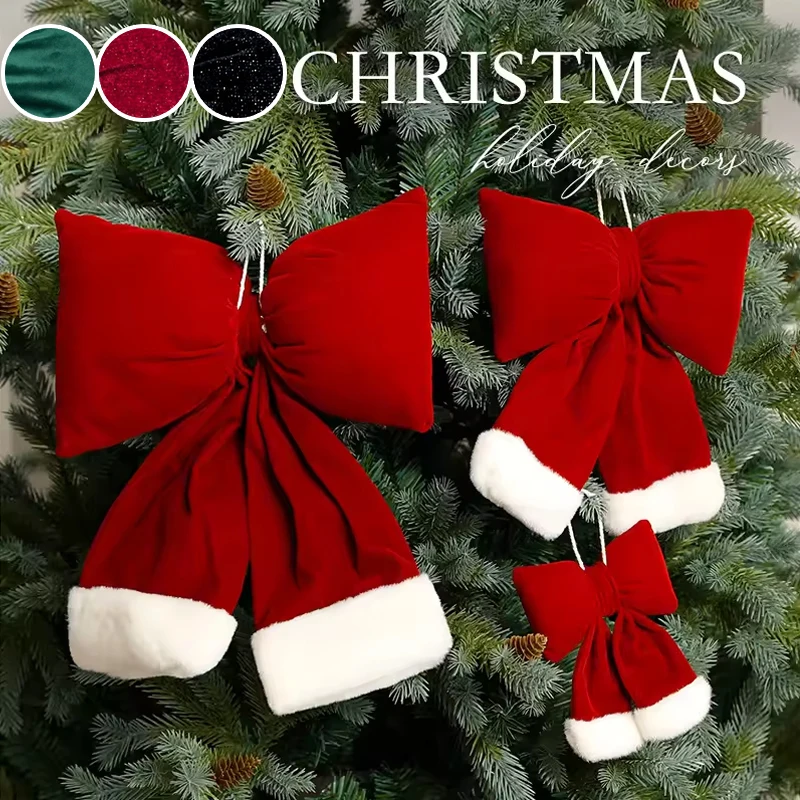

Large Red Velvet Christmas Bow Pendant Glitter Gold Xmas Tree Ornament Wreath Garland Hanging Decor for Home Door Christmas Tree