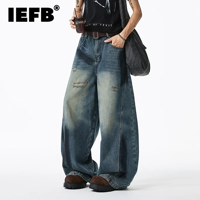 IEFB High Street Baggy Men Jeans Wide Leg Holde Design Distressed American High Street Washed Curved-knife Denim Pants 9W3799