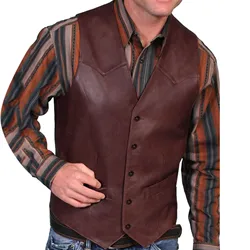 Men's Solid Color Leather V Neck Pocket Retro Vest Blouses With Button Men's Leather Vest Outerwear Fashion Waistcoat