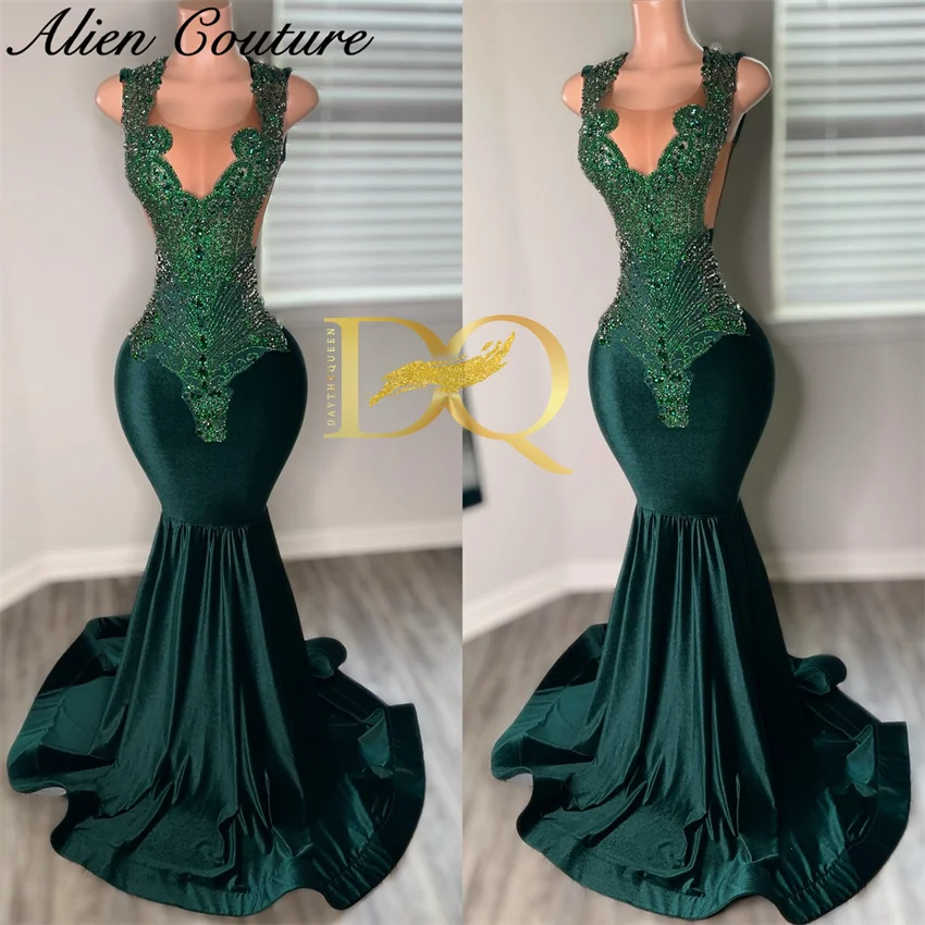 Vestido de graduación de sirena verde esmeralda brillante para niñas negras, cuentas de diamantes, vestido de noche de cristal, fiesta de cumpleaños, 2024