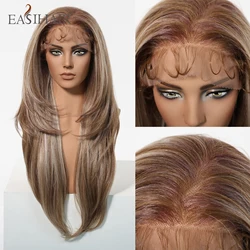 EASIHAIR 13*6 Lace Front Synthetic Wigs for Women 28In Long Straight Brown Blonde Highlight Wigs Baby Hair Natural Hairline