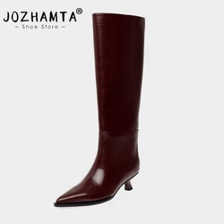 JOZHAMTA Size 34-43 Real Leather Boots For Women Knee High Kitten Heels Winter Shoes Wide Calf Sexy Pointy Toe Long Tall Boots