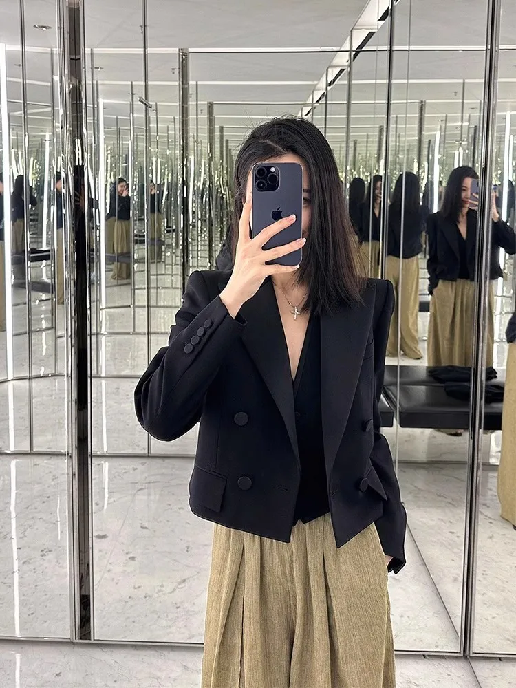 

High-End Casual Short Suit Jacket for Women Retro Ladylike Maturity Style Commute Style Button up Long Sleeve Pure Color