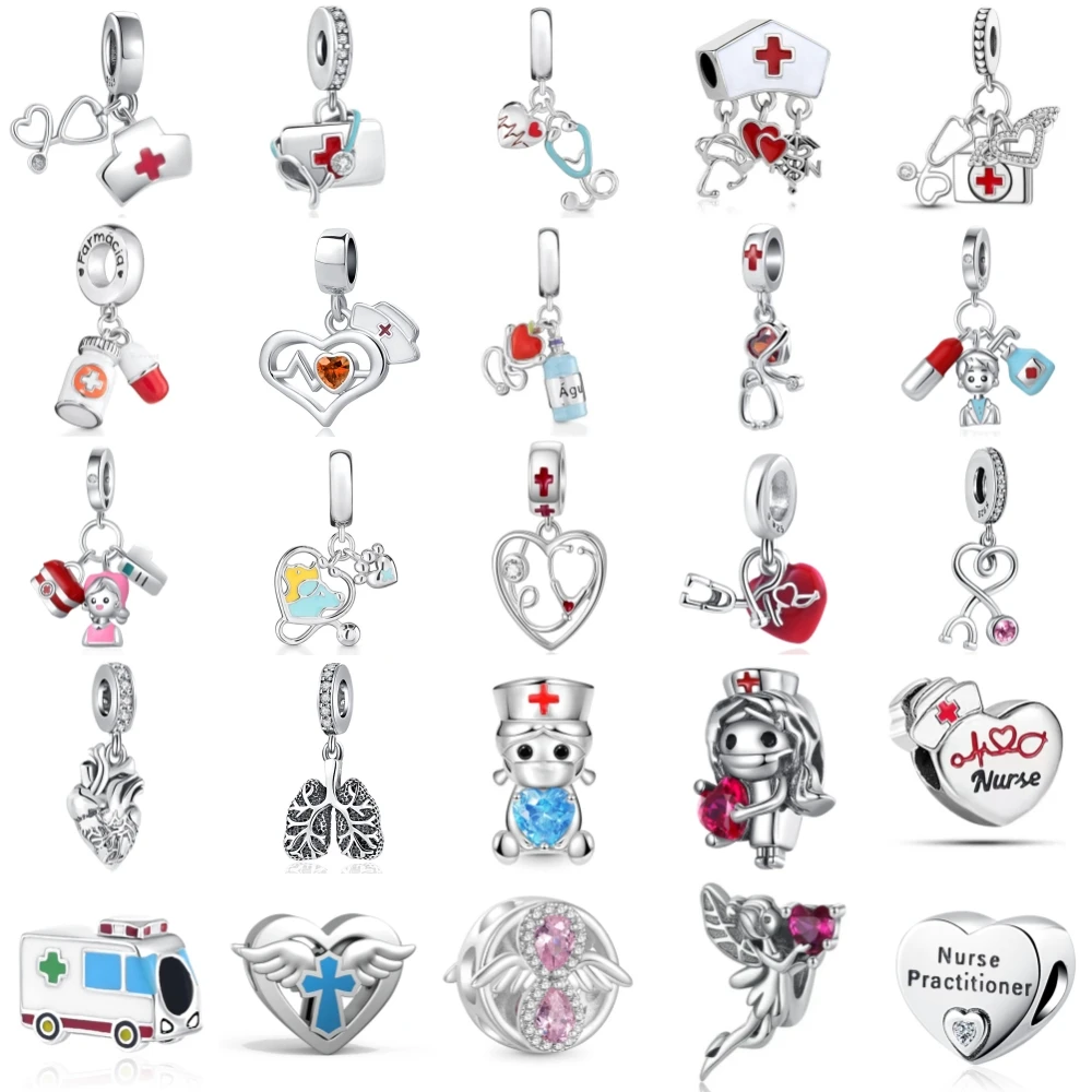 New 925 Sterling Silver Pill Stethoscope Nurse Charm Of Ley 925 Chain Beaded Fit Original Bracelet Accessories DIY Women Jewelry
