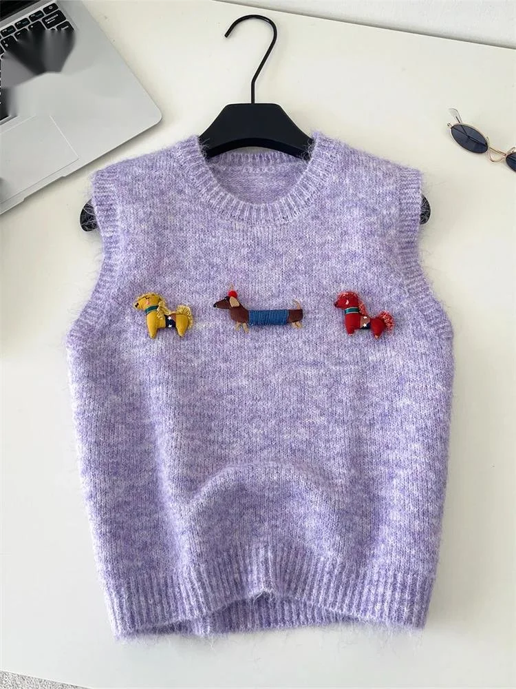 

Женский осенний безрукавный свитер из кашемира с 3D-рисунком, мягкий вязаный пуловер в конфетных цветах, милый повседневный трикотаж