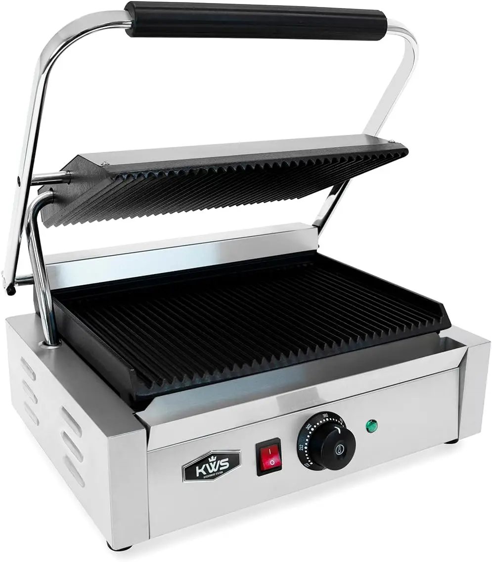 KWS PM-17 Premium 110V Electric Commercial 1700W Panini Grill with Grooved Plates - 13.5