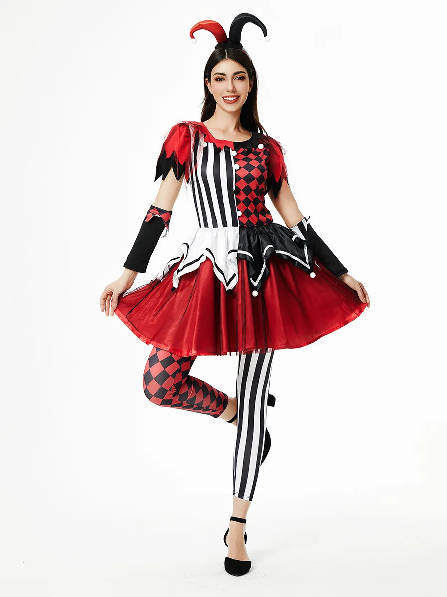 Women Vintage Harlequin Joker Outfit, Bright Circus Clown Fancy Gown Halloween Mardi Gras Masquerade Stage Cosplay Costume view 5