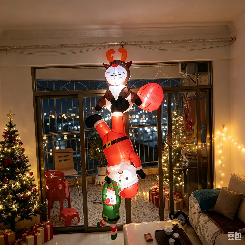 2.4M Hanging Inflatable Christmas Climbing Santa Reindeer & Elf, With LED Lights for Window Porch Yard Xmas Holiday Decoration