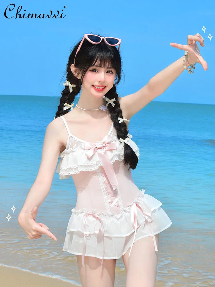 2024 Summer Sweet Bow Girl Students Slimming One-Piece Swimsuit Lolita Pink White Patchwork Women's Beach Swimwear Bathing Suit