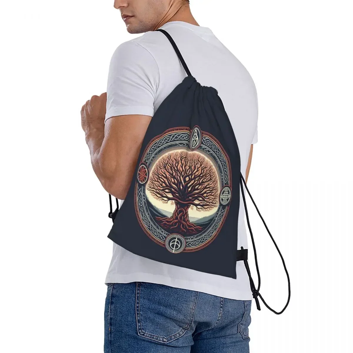 Celtic "Árbol de la vida" 1 mochila portátil con cordón, paquete de cordón, bolsa de zapatos de bolsillo, bolsa de libros para estudiantes de viaje