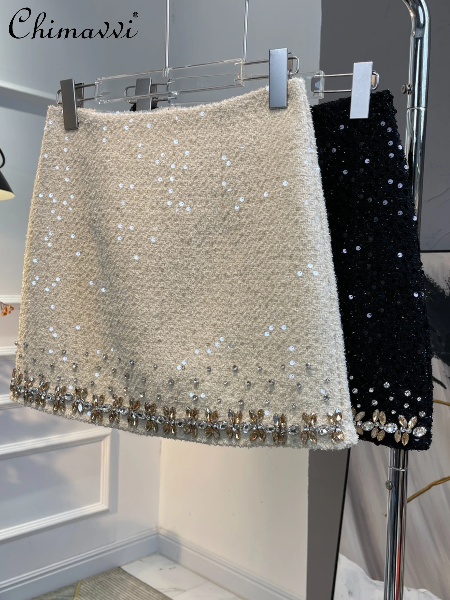 2023 Autumn Winter New Fashion Sequins Skirt Light Luxury Heavy Industry Beads High Waist Slimming Elegant Hot Girl Skirts