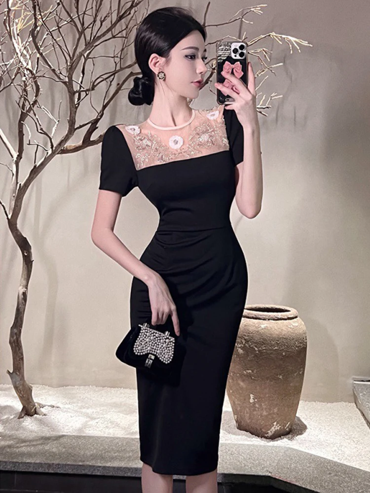 Neue Sommer Mode Frauen Abendkleid Chic Schwarz Sheer Hohl Sexy Oansatz Dünnes Midi Party Club Prom Geburtstag Robe Mujer vestido