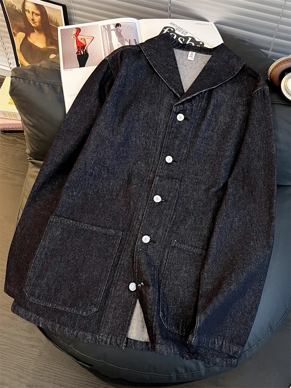 American Washed Denim Jacket Casual Style Long Sleeve Button up Collar Western Style Multi Pocket Men's Autumn Winter Coat