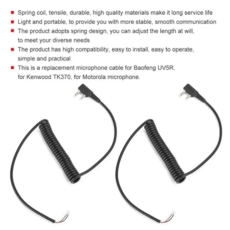 5pcs 4-Wire Microphone Cable 2 pins K-Plug PTT Mic Speaker Spring Cable for Baofeng UV-82 UV-5R Kenwood TK370 Walkie Talkie
