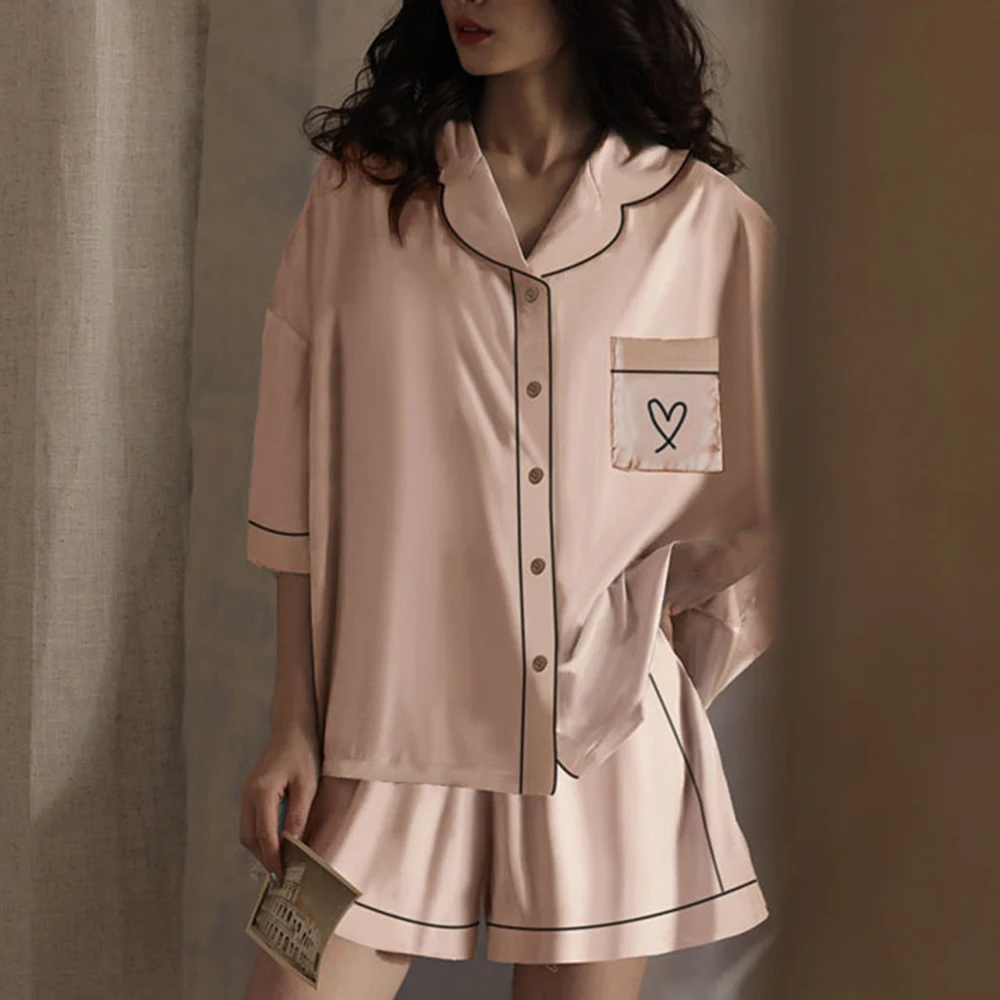 Pigiama da donna in seta di ghiaccio Set pigiama da notte con stampa a cuore pigiama elegante estate manica corta 2 pezzi Set Cardigan vestiti per la casa