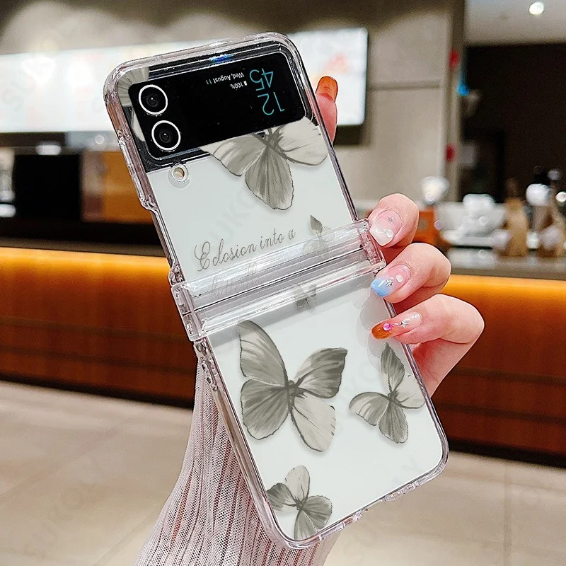 For Samsung Galaxy Z Flip7 FE Flip6 Butterfly Pattern Clear Folding Phone Case Transparent PC Cover For Samsung Z Flip 7 6 5 4 3