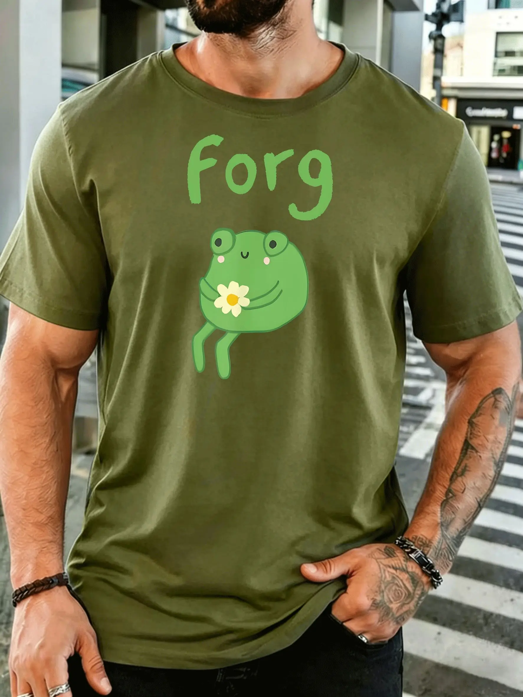 Cute Forg Frog Holding Daisy Flower Mens Front Print Shirt Simple Cartoon Graphic Tee Casual Short Sleeve Top Animal Lover Gift