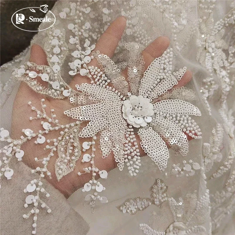 

Milky White Sequins Beaded Flower Embroidery 3D Lace Fabric Bride Wedding Dress DIY Handmade Sewing Fabric RS3009