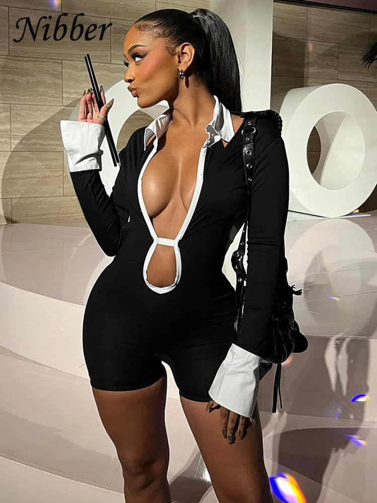 Nibber Sexy Lapel Panelled Playsuits Women Hollow Out Deep V-neck Full Sleeve Backless Autumn Skinny Female Streetwear Rompers