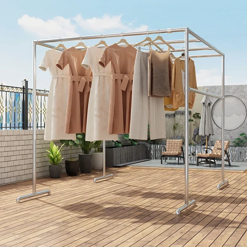 

Galvanized steel pipe drying rack Floor-to-ceiling household outdoor balcony hanging clothes Simple double-rod