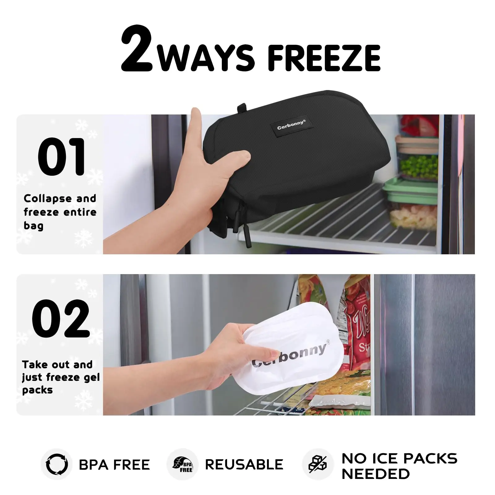 Black Reusable Lunch Bags Freezable Snack Bag Built-in Removable Ice Pack Summer Freezable Cooler Bag with Ice Pocket