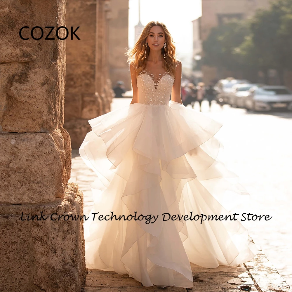 

COZOK Champagne Wedding Dresses with Sequined Sleeveless Tiered Bridal Gowns Soft Tulle Vestidos De Novia 2024 Summer New