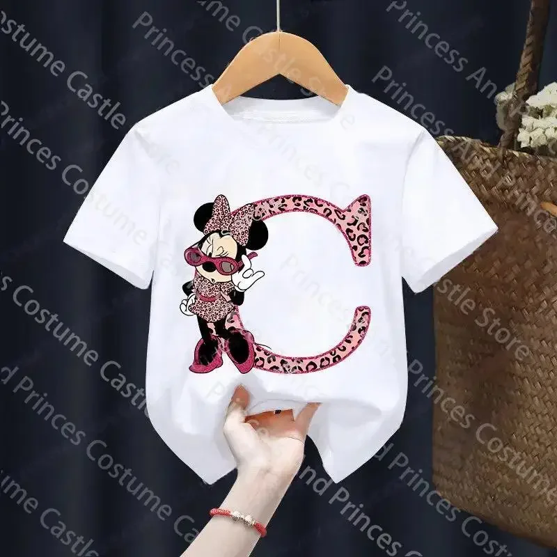 Letter A-Z Minnie Children  T-Shirts Name Combination Disney Kawaii Cartoons Clothes Kids Little Boy Girl Tee Shirts Casua