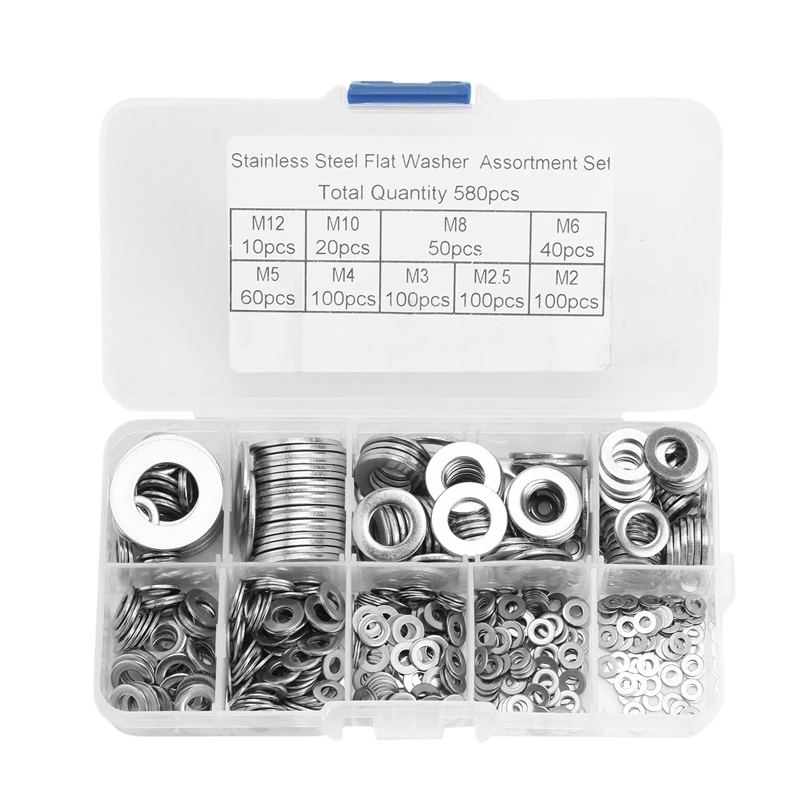 

New 304 Stainless Steel Flat Washer Set 580 Pieces, 9 Sizes-M2 M2.5 M3 M4 M5 M6 M8 M10 M12 Suitable For Home Decoration