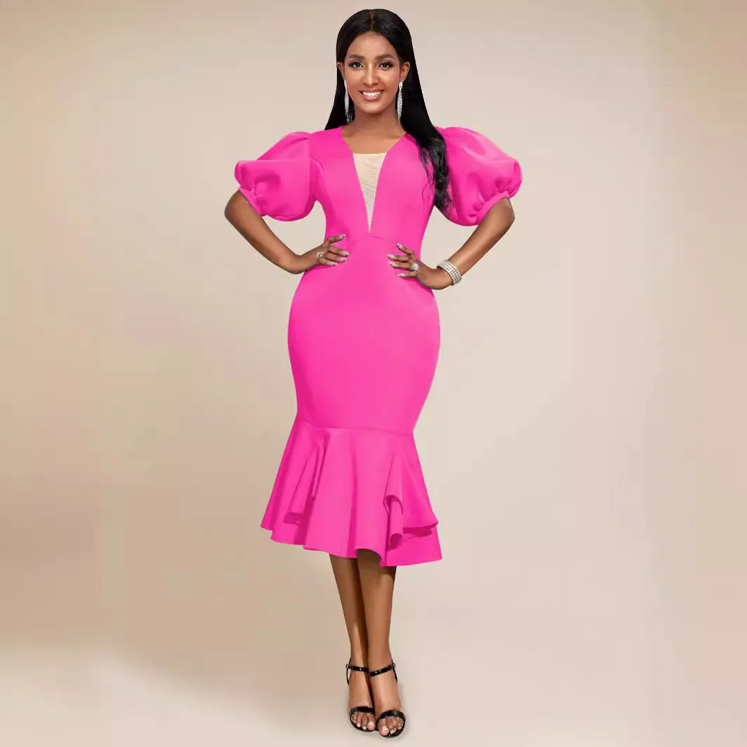 

Short Mermaid Fuchsia 2024 Evening Dress Half Sleeves Tea Length Elastic Spandex Black Women Prom Party Gowns Plus Size
