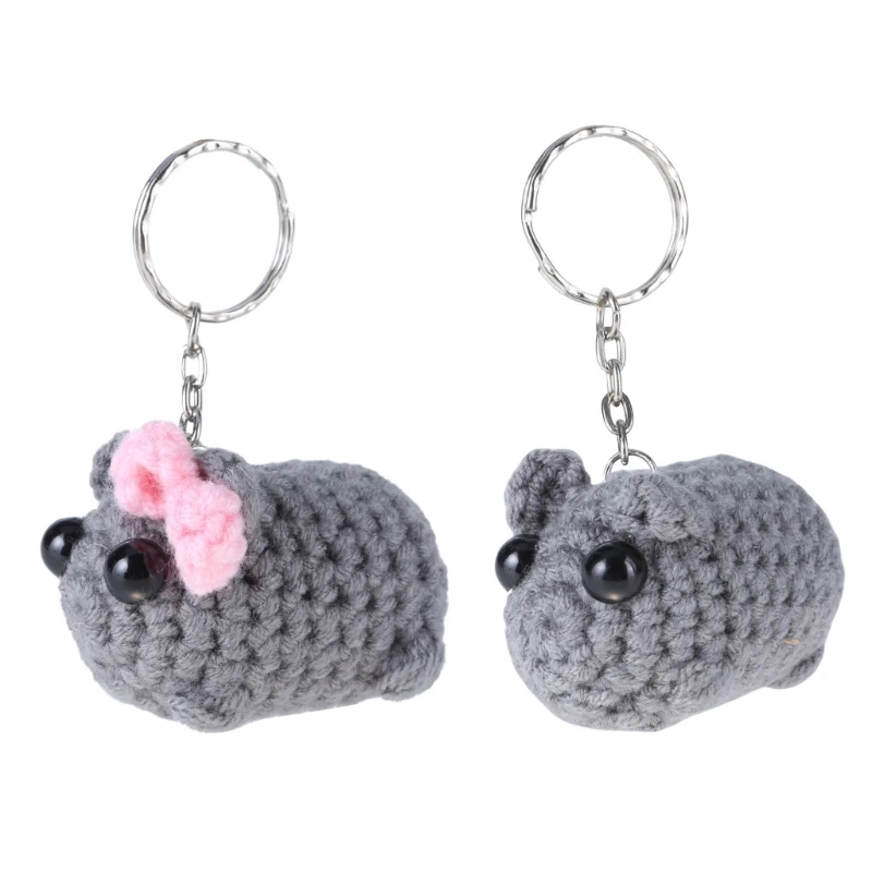 Y1UB Unique Sad Hamster Key Chain with Bowknot Delicate Plush Alloy Car Key Accessory