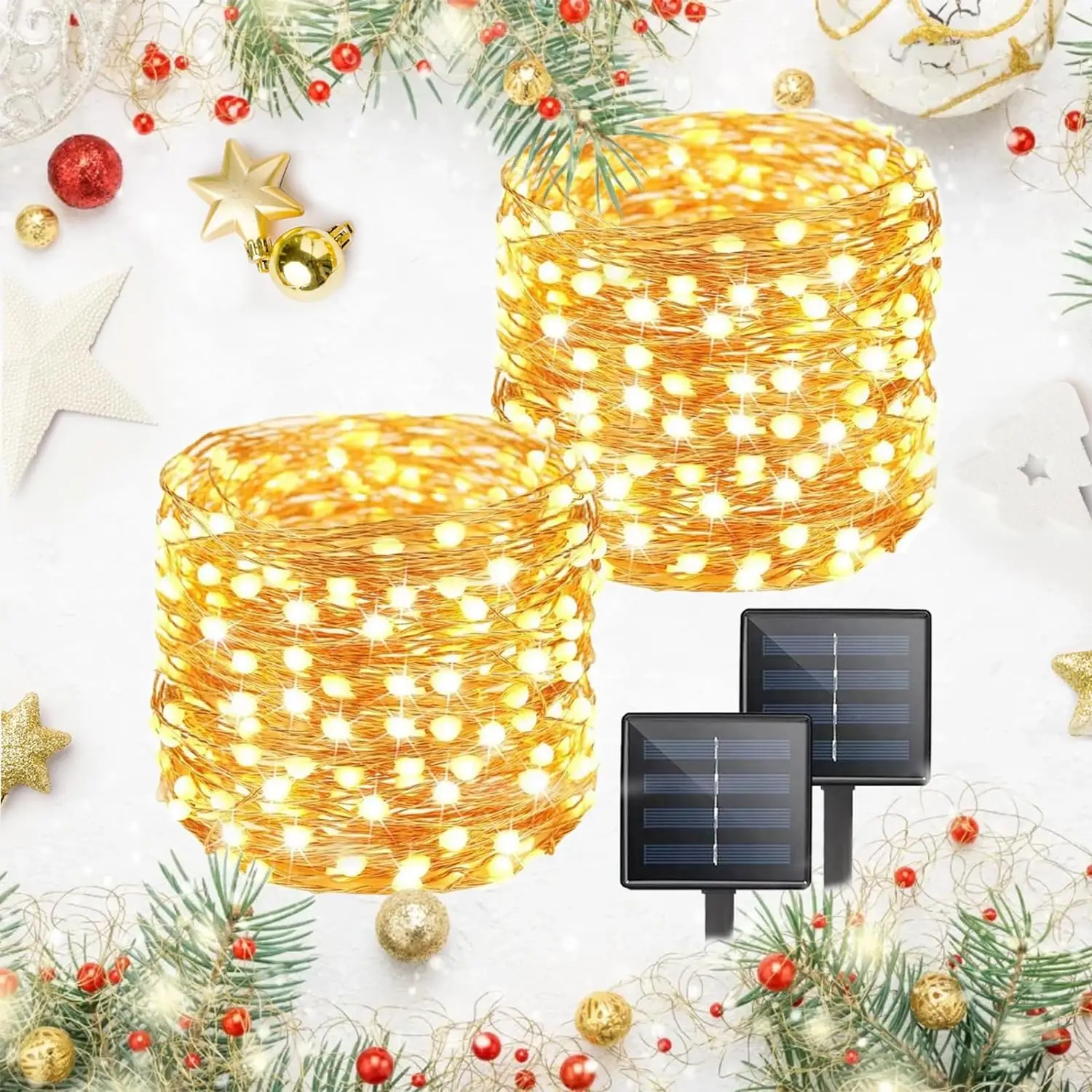 Impermeável ao ar livre String Lights, Solar Fairy Lights, Fio De Cobre, Festa De Jardim, Decorações De Natal, LED, 8 Modos, 42m