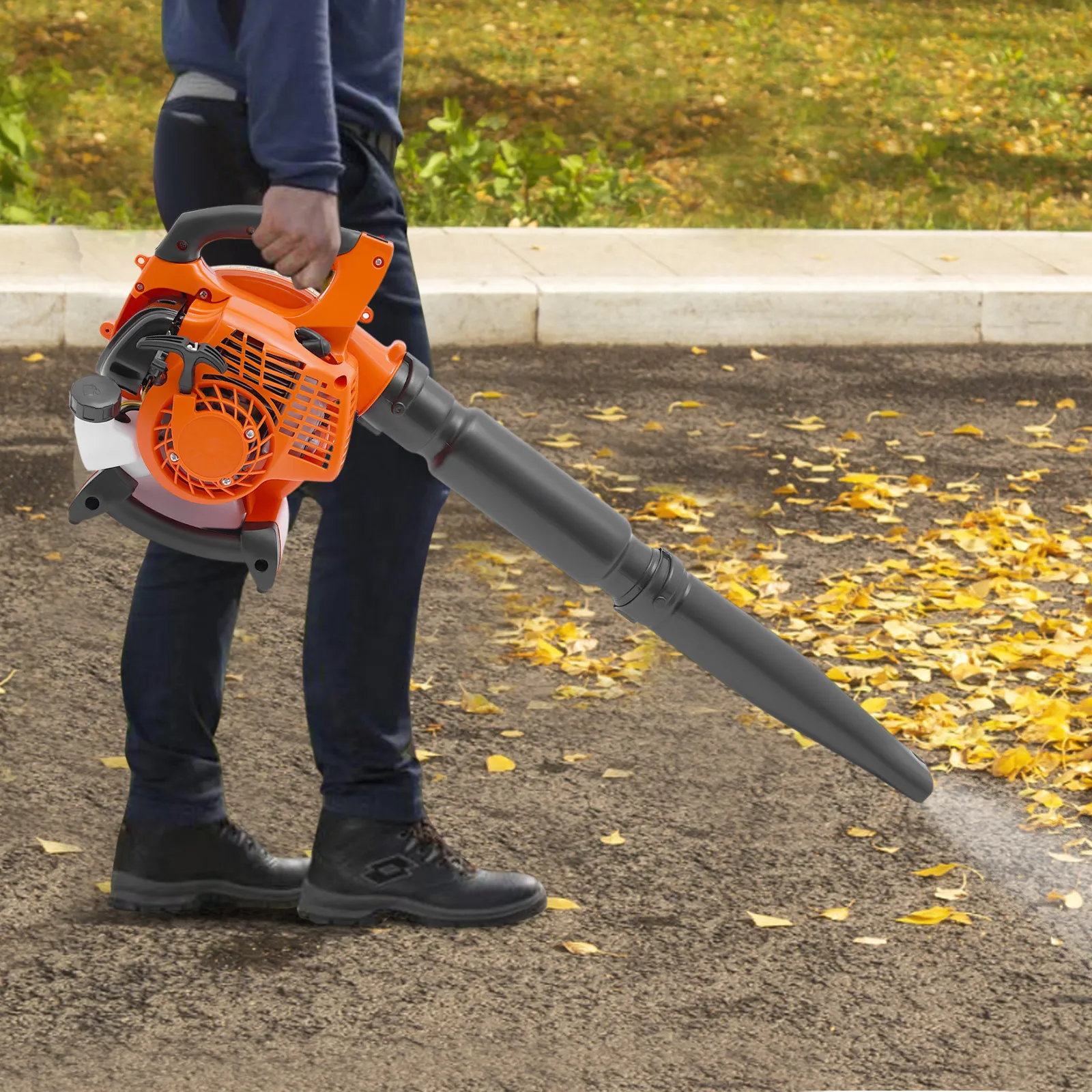 

25.4cc 2-Stroke Handheld Gas Blower Efficient Orange Cordless Gasoline Leaf Blower 7000Rpm With 16.9oz Fuel Tank and 2 WindPipes