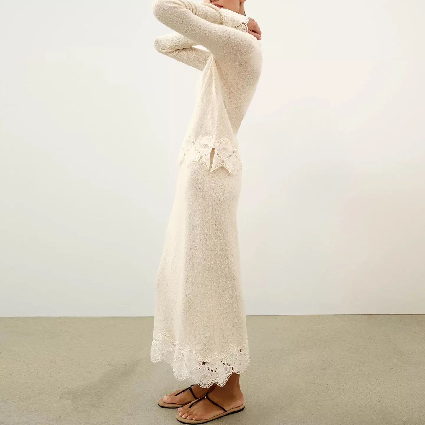 Women's round Neck Vacation Style Top Elastic Waist Hook Skirt Two Piece Set Spring Summer Long Sleeve Pure Color T-Shirt