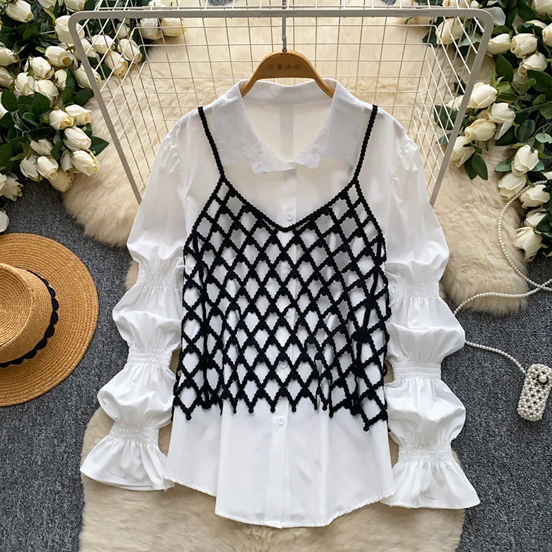 Spring Autumn White Bubble Sleeve Hollow Mesh Shirt Two Piece Set Women New Fashion Stacked Korean Tank Top Sets C643
